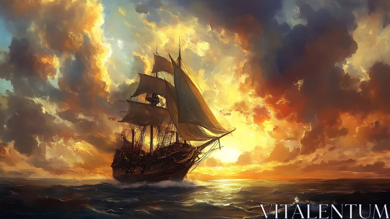 Sunlit galleon under burning sunset sky at sea.