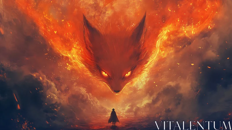 Inferno fox spirit looms over lone wanderer in burning sky.