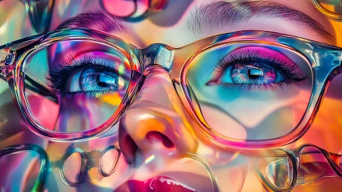 Radiant close up of dreamy eyes behind rainbow glasses.