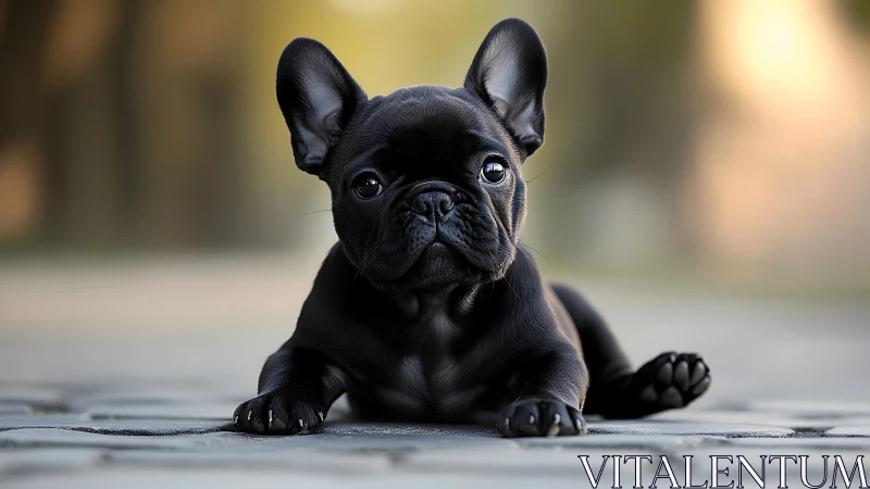 Midnight-eared bulldog pup basking in golden quiet streets.
