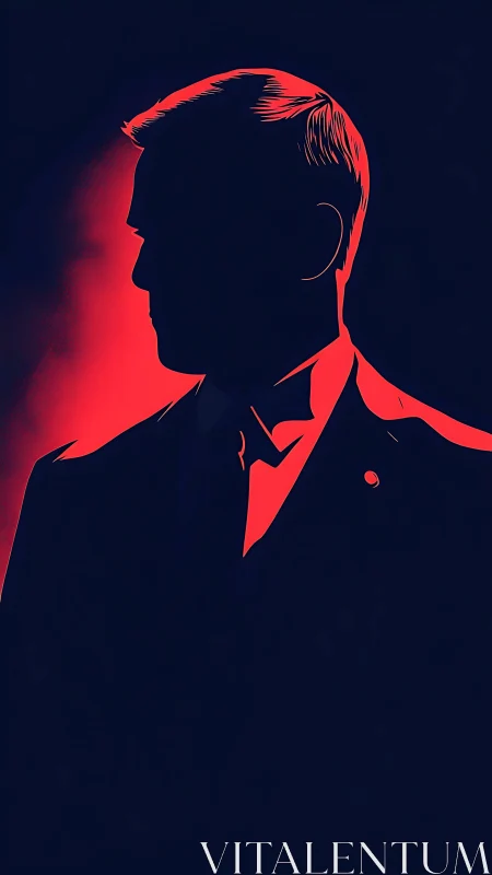 Silhouetted suited figure in red rim light on deep navy ground