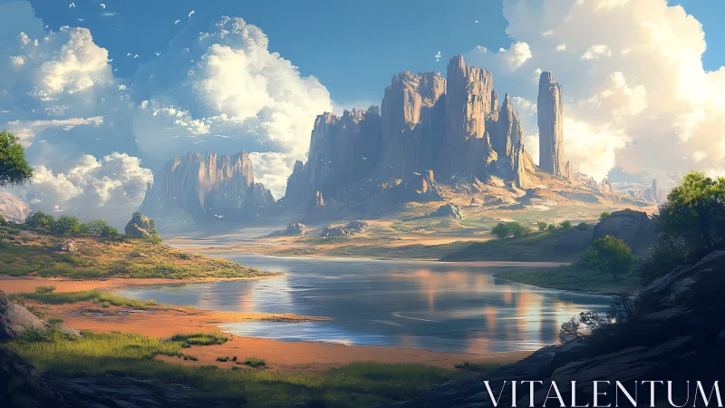 Sunlit desert mesas rise above reflective river basin