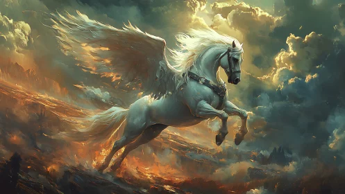 Stormlit winged horse gallops bravely through glowing skies