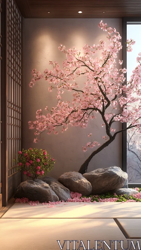 Zen courtyard of blossoming cherry light and quiet stone.