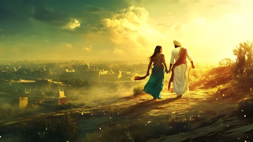 Couple in traditional dress overlooking distant walled city.