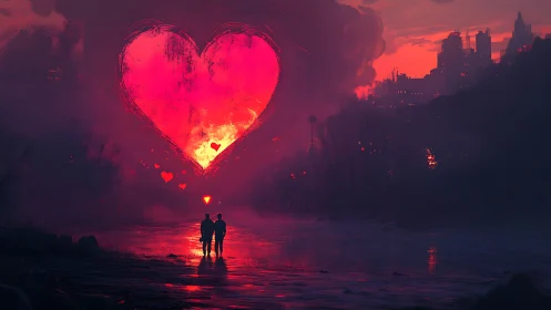 Luminous Cardiac Form Dominating Atmospheric Urban Landscape.