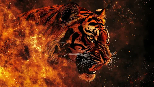Inferno-born tiger spirit roaring through molten dusk.
