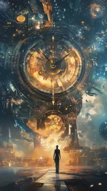 Solitary figure approaches colossal futuristic clockwork gateway