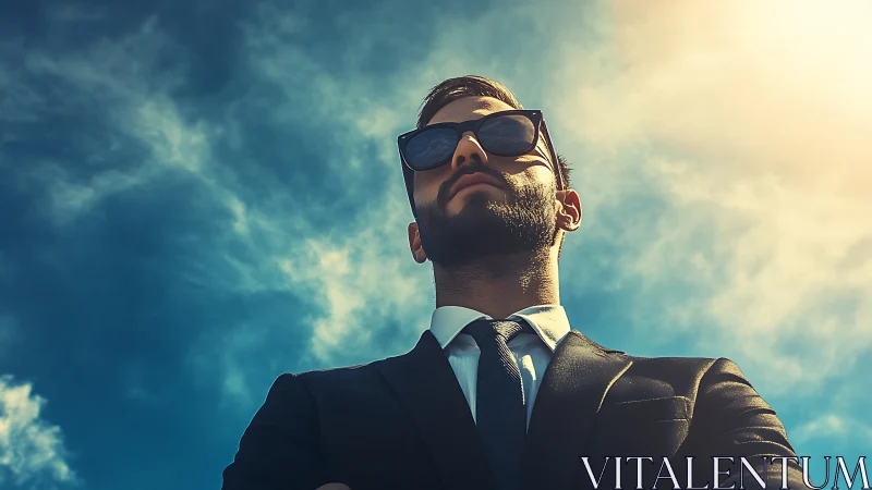 Confident businessman in suit under dramatic sunny sky.