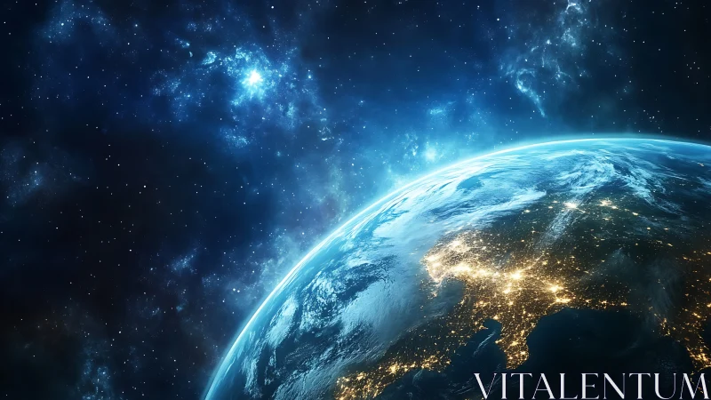 Earth glows against a star-filled cosmic night horizon.