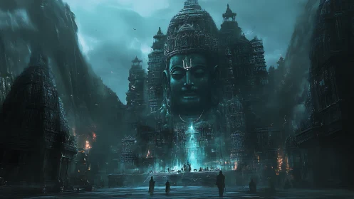 Colossal stone deity guards a mist-soaked neon temple city.