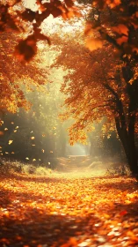 Golden Autumn Forest Path with Falling Leaves. Ethereal Light.