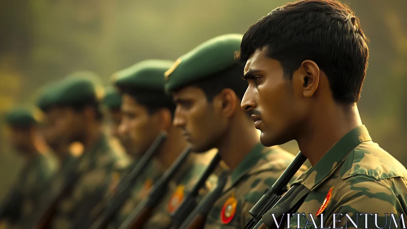 Row of uniformed soldiers stands in alignment outdoors