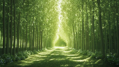 Colonnaded tree corridor with axial sunlit vanishing point.