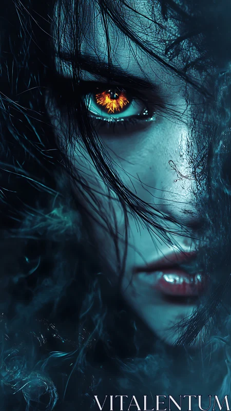 Flaming-eyed sorceress glares through swirling blue smoke.