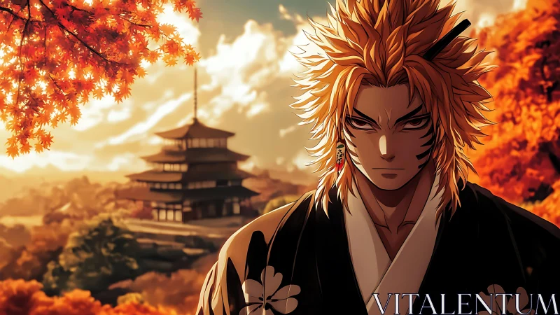 Autumn warrior portrait before pagoda under amber sky.