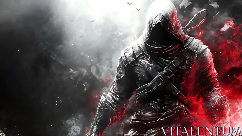 Hooded rogue emerges from monochrome smoke and red energy