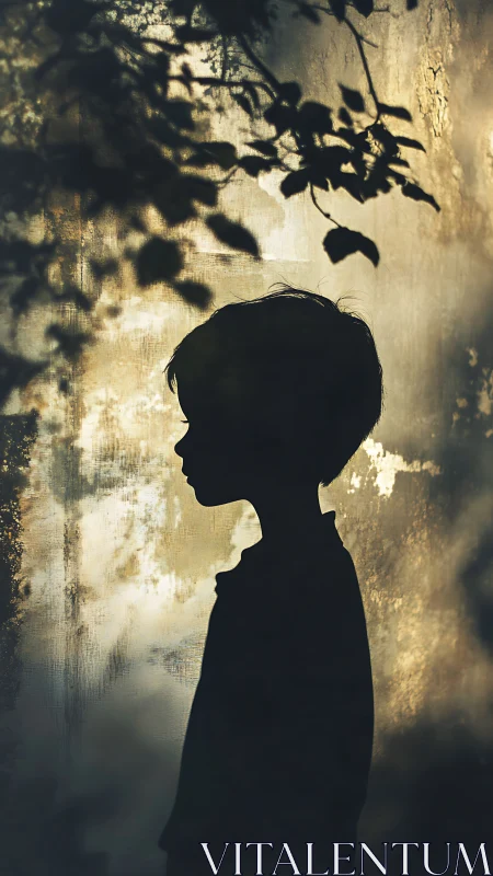 Silhouetted Child Figure Against Textured Wall with Shadow.