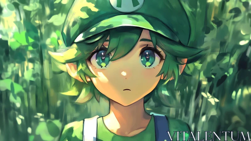 Soft-lit anime forest portrait applies painterly bokeh effects