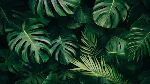 Lush tropical foliage with layered monstera jungle canopy.