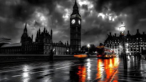 Stormy London night paints Big Ben in monochrome drama