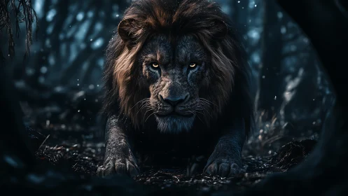 Male lion in low light forest setting, forward posture.