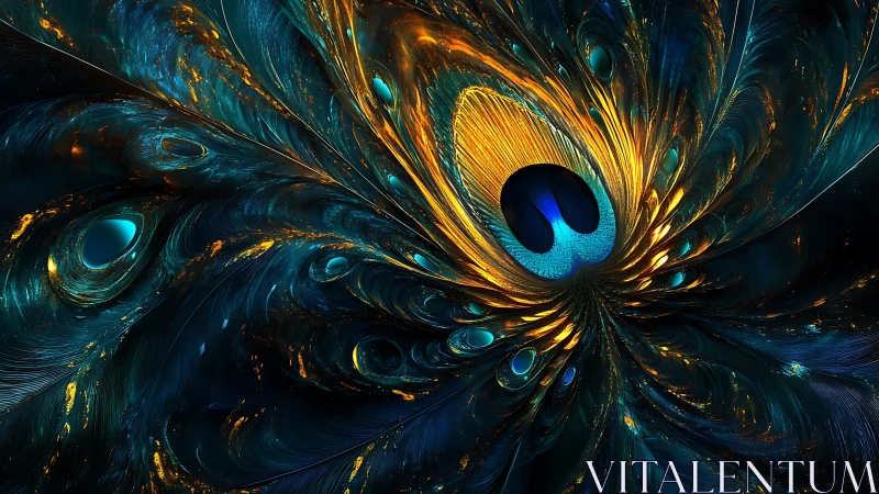 Fractal peacock eye radiates luminous teal and gold energy.