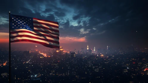 US flag over illuminated city skyline at dramatic dusk sky