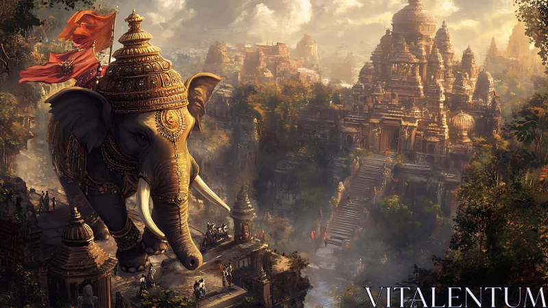 Regal war elephant crossing sunlit stairways of a misty temple.