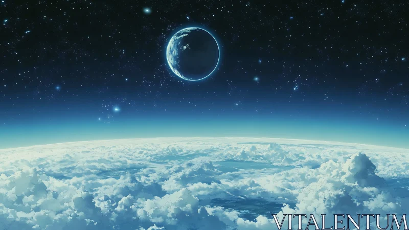 Serene blue planet rises above cloud-wrapped horizon in space