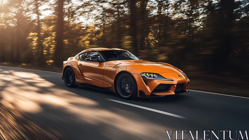 Golden sports car gliding through a sunlit forest road.