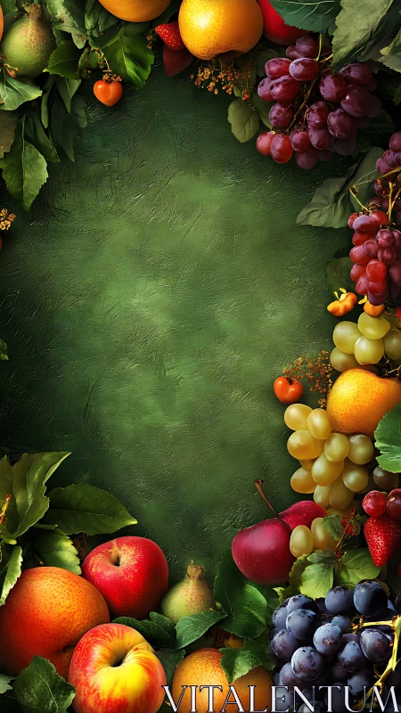 Symmetrical fruit border framing textured green background field