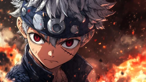 Determined anime warrior stares ahead amid burning embers