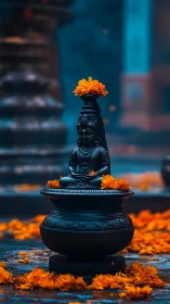 Stone deity statue with marigold flowers in outdoor setting.