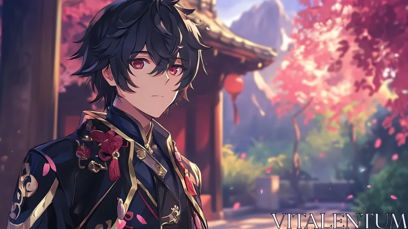 Anime boy in ornate coat under pink blossom trees.