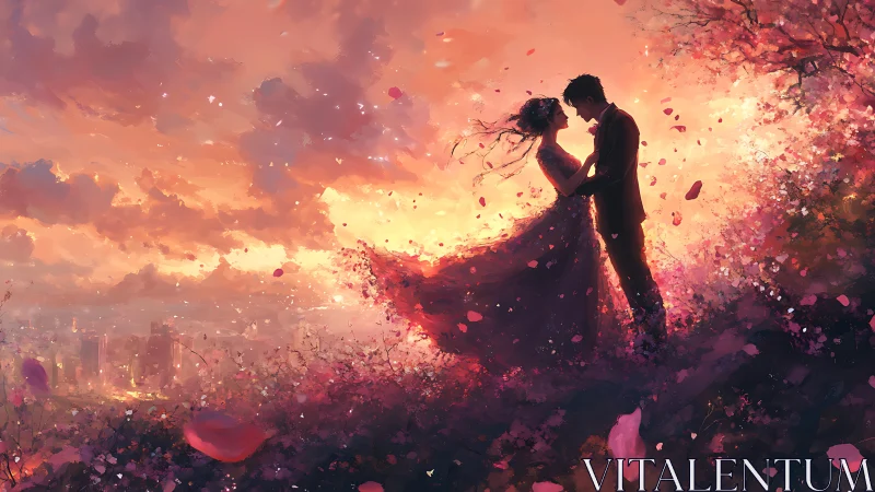 Romantic Silhouettes Against Burning Sky with Cascading Petals