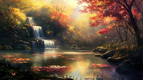 Autumn forest waterfall over pond with drifting red leaves.