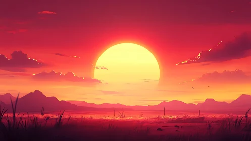 Colossal peach sunset swallowing a quiet crimson prairie.