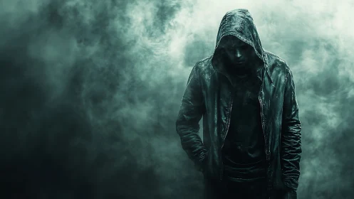 Moody hooded figure pauses quietly in swirling urban mist