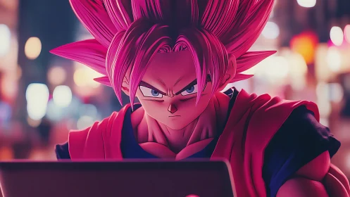 Pink haired anime warrior focused on laptop at night.