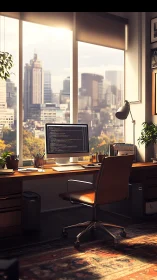Computer workstation in city-view office during daylight hours