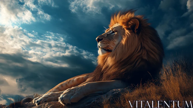 Photoreal lion profile at dusk on rocky savanna ridge