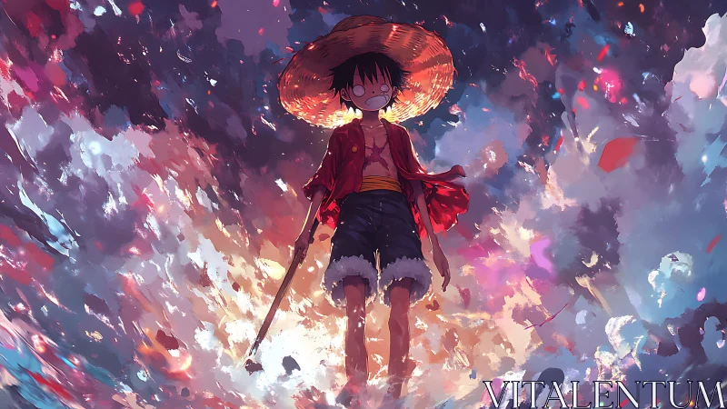 Straw hat boy in vivid sky of drifting painted clouds.