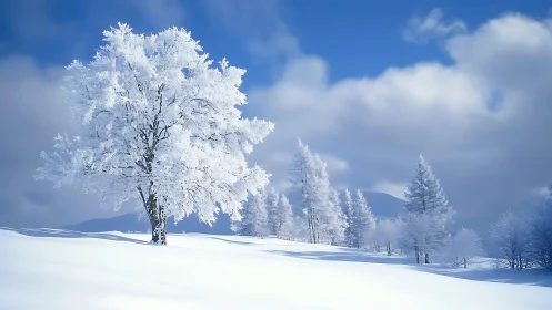 Snow covered trees on open hillside under cloudy blue sky.