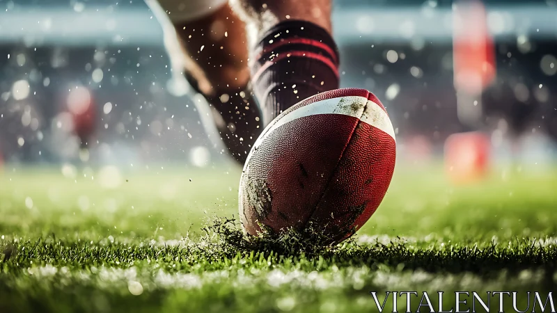 Close view shows football at kickoff on wet grass field