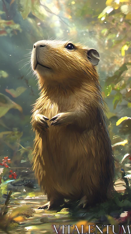 Gentle forest capybara pauses in a golden sunlit clearing