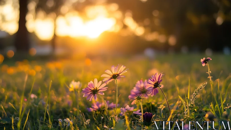 Flowering meadow photographed during golden hour conditions.