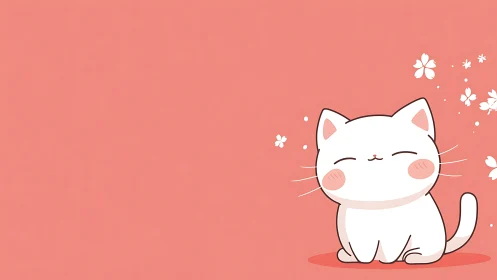Minimal cat illustration rests on warm coral background