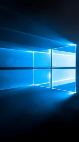 Glowing blue window grid casts futuristic light beams.