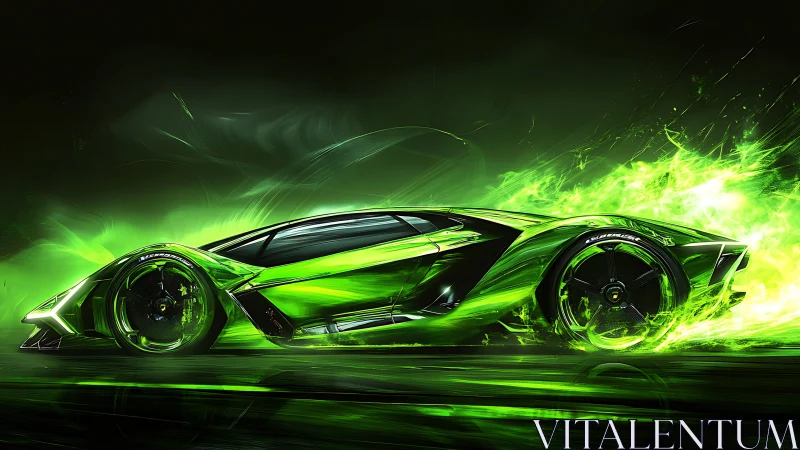 Electric green hypercar blazes through neon plasma night.